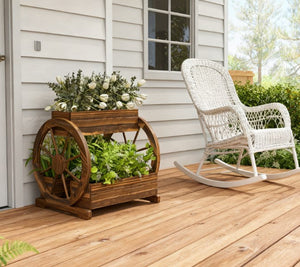 Outdoor Wooden Wagon Planter Box - 3-Tier Raised Garden Bed