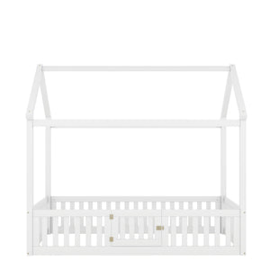 Wood House Bed With Fence And Door
