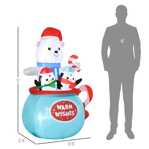 Outsunny 5ft Christmas Inflatable Outdoor Decoration Blessed Polar Bear and Penguins in the Cup