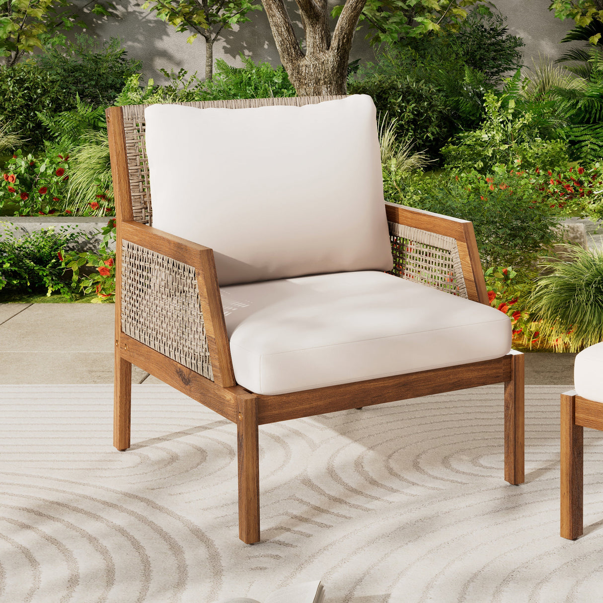 Acacia Wood Patio Furniture Club Chair Outdoor Wicker Armchair with Deep Seating and Soft Cushions