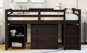 Loft Low Study Bed With Cabinet, Shelves And Rolling Portable Desk, Multiple Functions