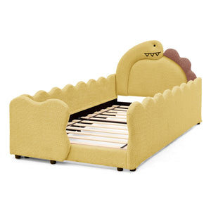 Twin Size Cute Dinosaur-Shaped Kids Bed with Safety Guardraild, Solid Wood Toddler Bed Frame for Children for Bedroom, Boucle Fabric