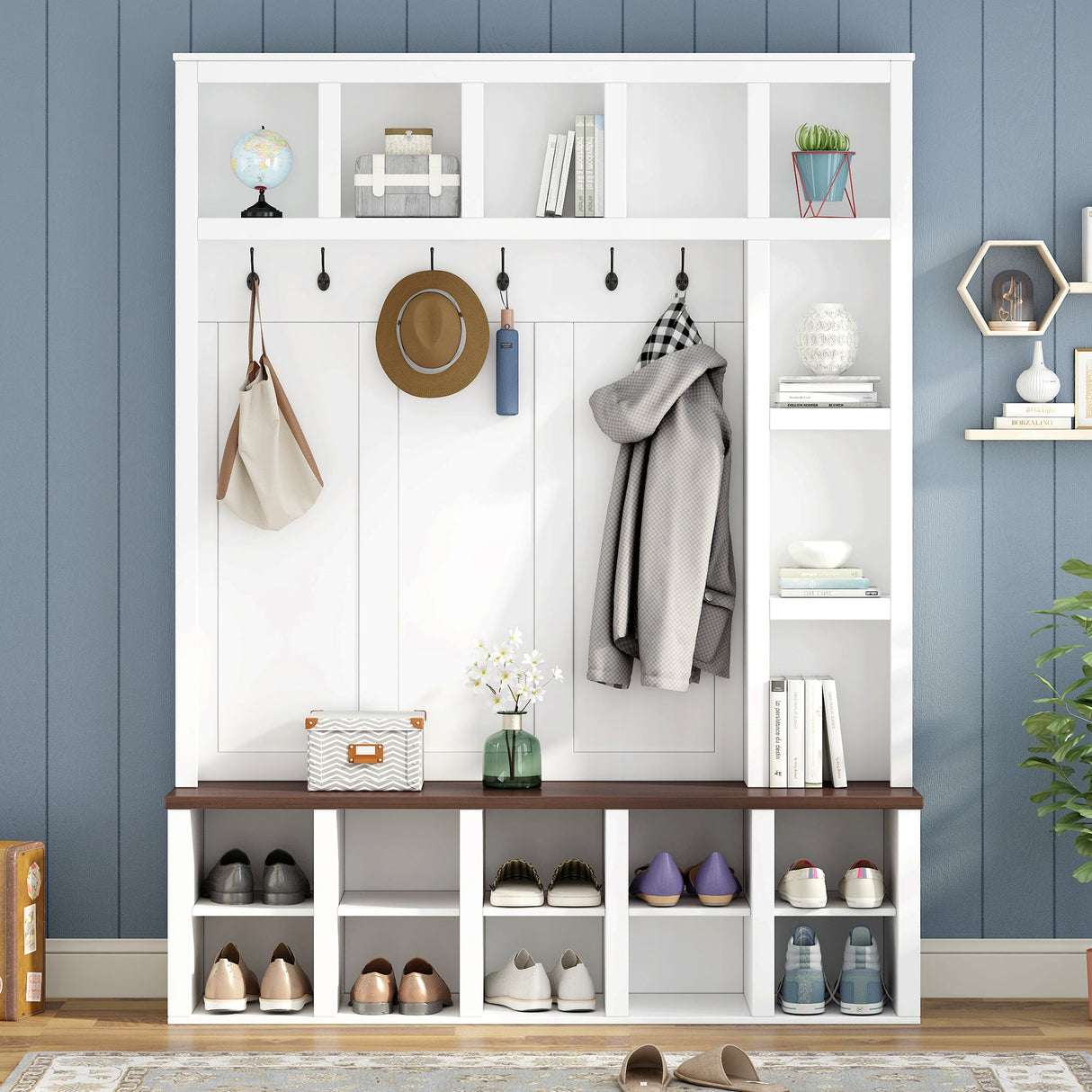 Farmhouse Wooden Hall Tree with 6 Hooks
