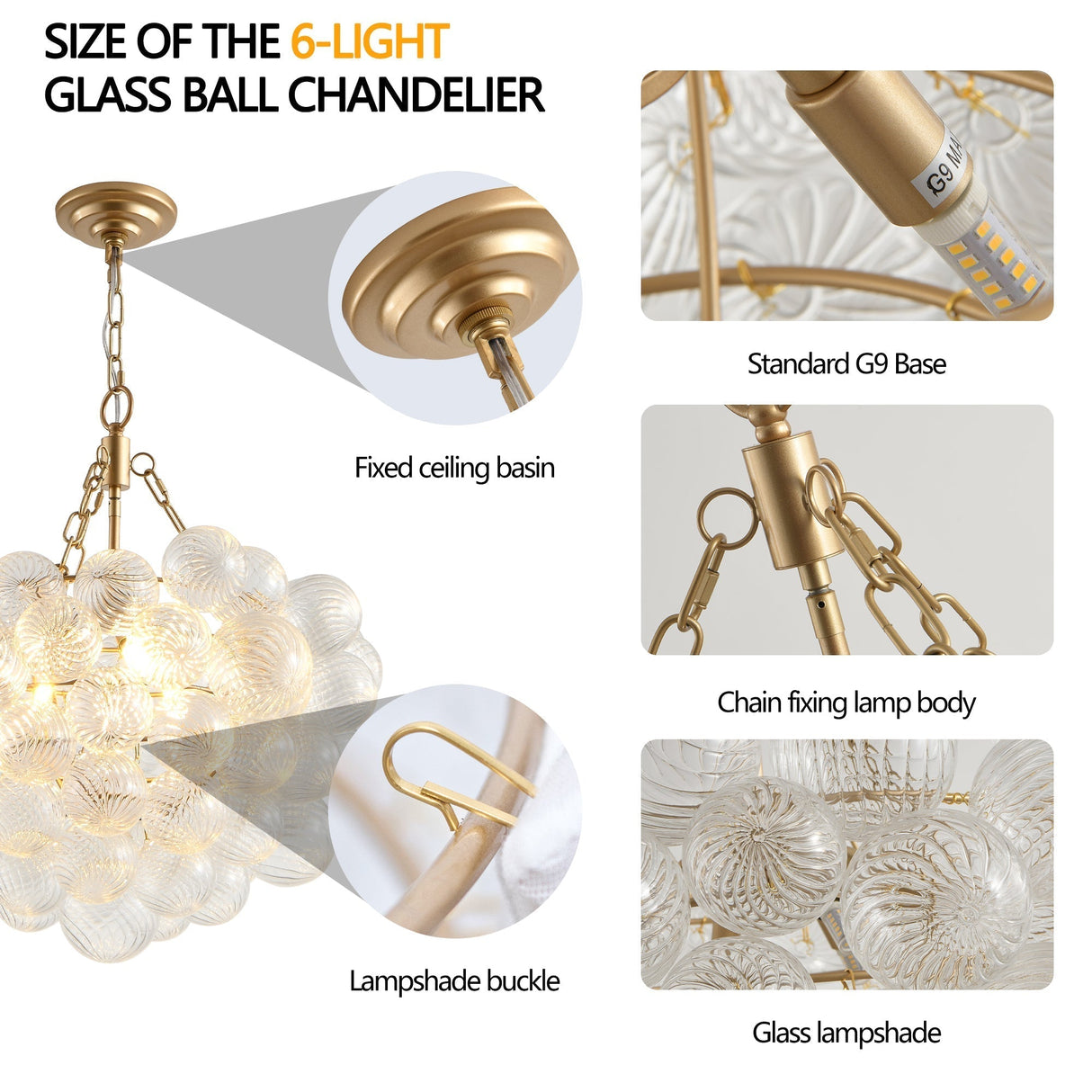 23.6-Inch Gold Pendant Light Chandelier with Threaded Clear Glass Globe Shade