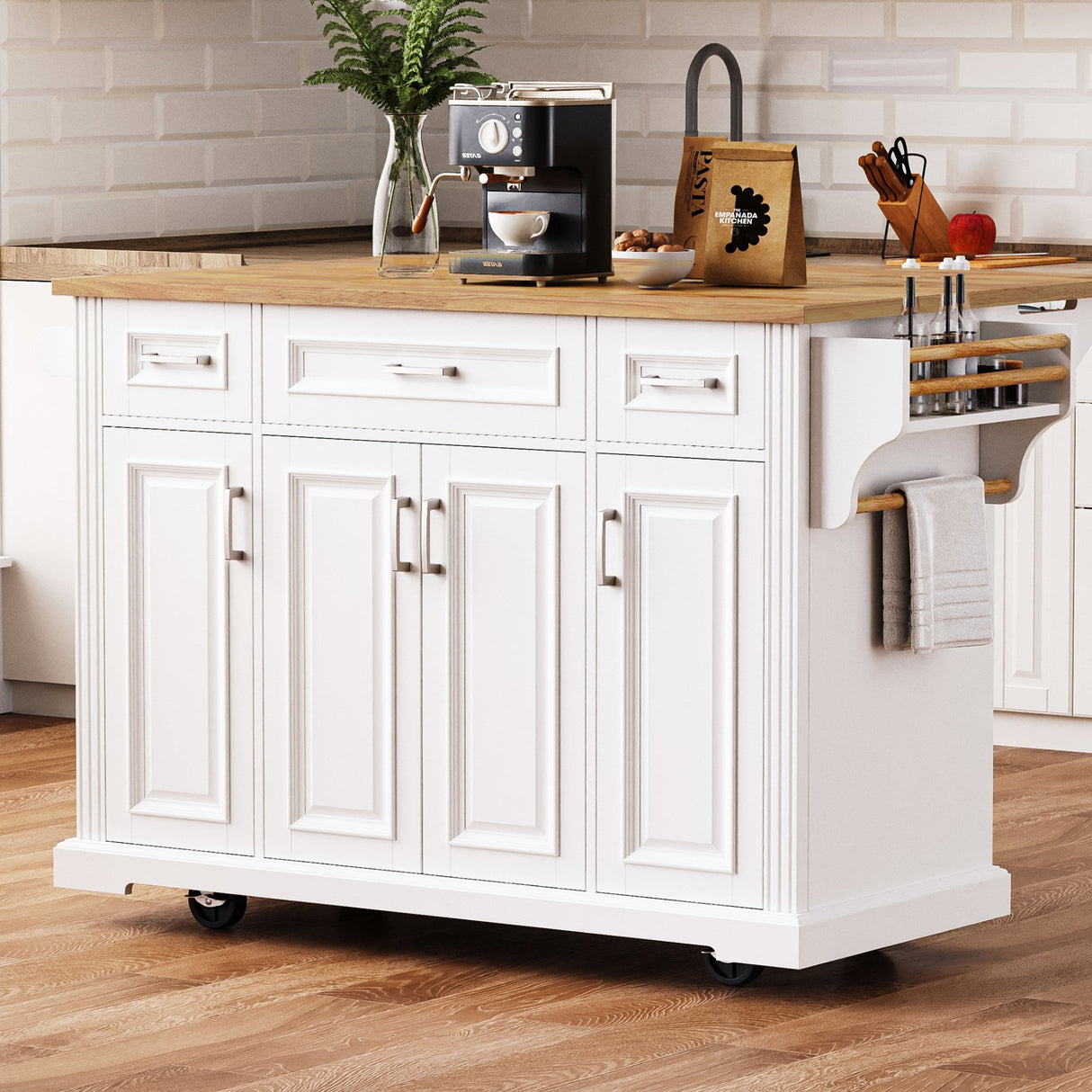 K&K 54-Inch Large Kitchen Island with Rubber Wood Drop Leaf