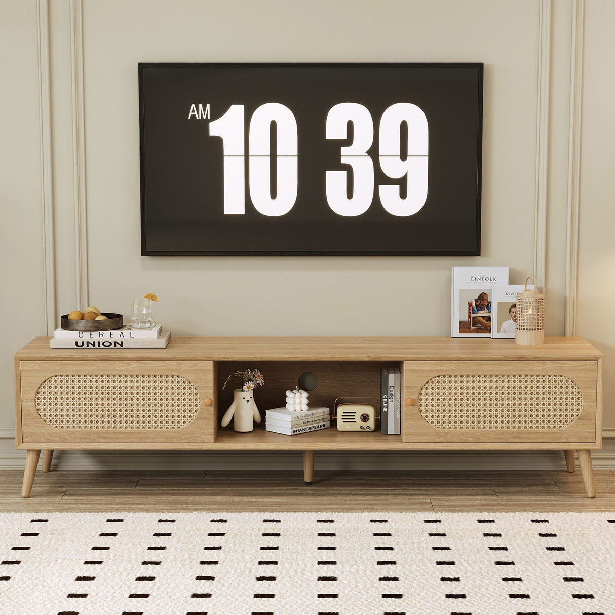 TV Stand For TVs Up To 80" - Natural Wood Media Console Cabinet