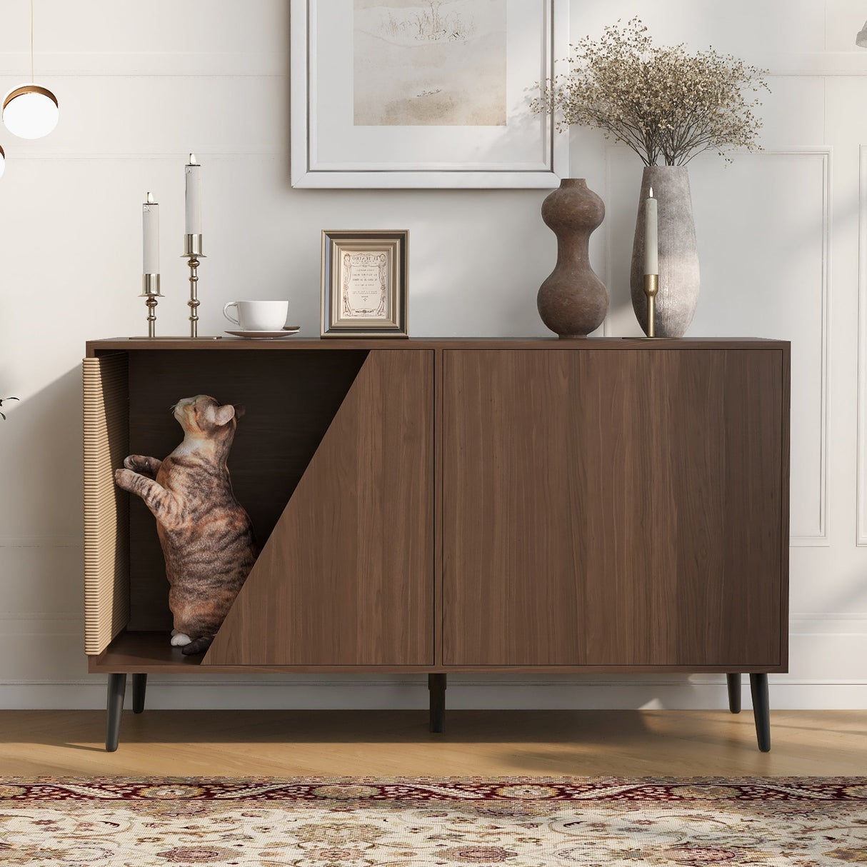 Cat Furniture 2 in 1 Modern Walnut Cabinet Side Table with Spring-Loaded Door