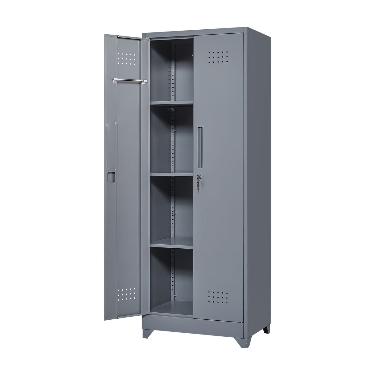 Heavy Duty Storage Cabinet With Locking Doors, Hanging Rod & Shelves, Broom Closet - Gray