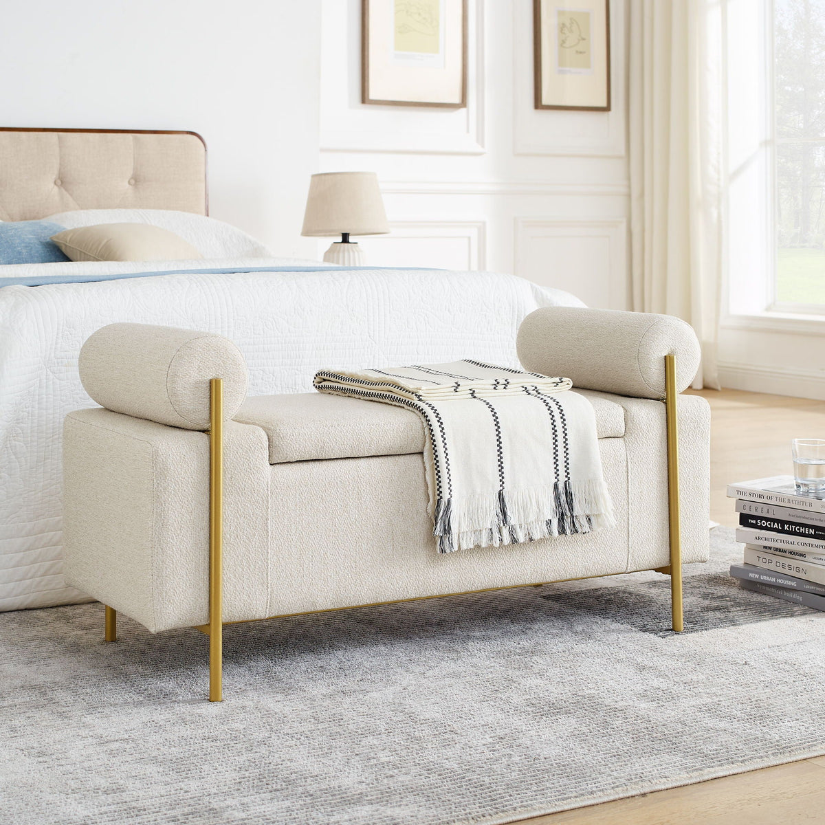 Elegant Upholstered Storage Bench With Cylindrical Arms And Iron Legs,