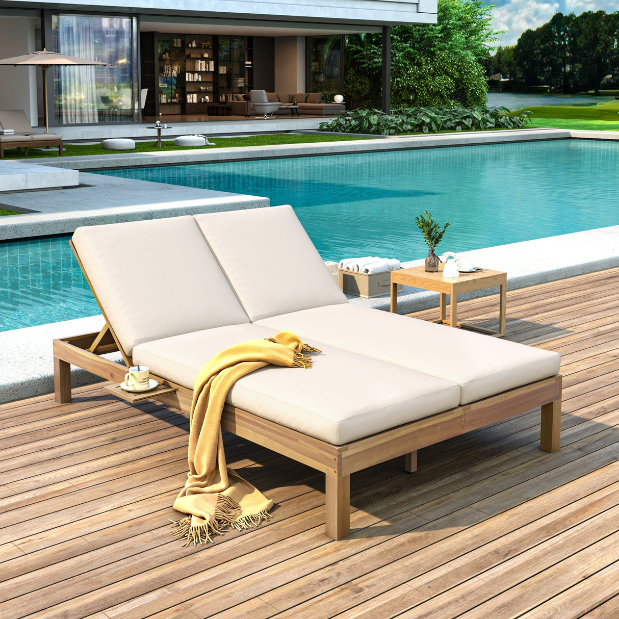 TREXM 5-Position Adjustable Backrest Double Chaise Lounge Outdoor