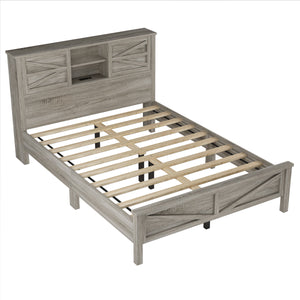 3-Pieces Bedroom Set Queen Size Farmhouse Platform Bed with Storage Headboard and Charging Station