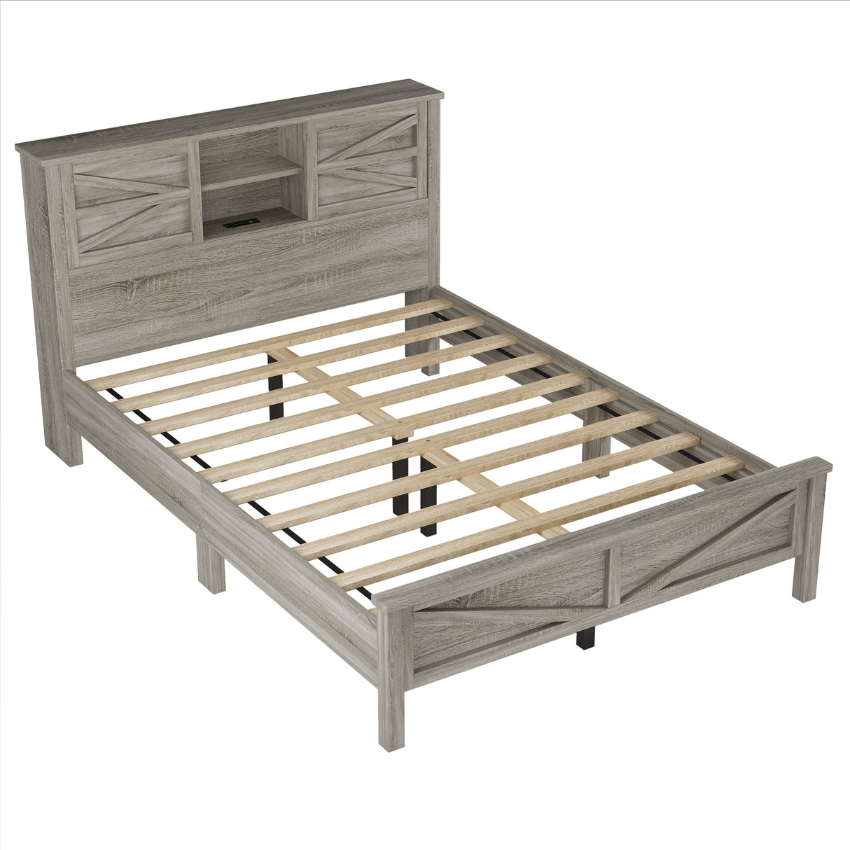 3-Pieces Bedroom Set Queen Size Farmhouse Platform Bed with Storage Headboard and Charging Station