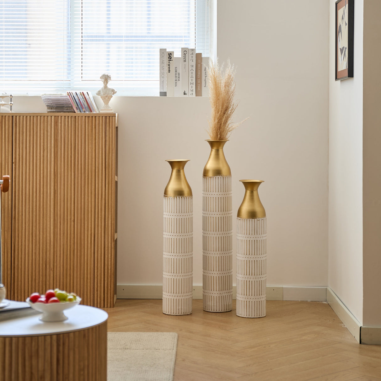 Floor Metal Vases Set of 3 - White with Gold Accents