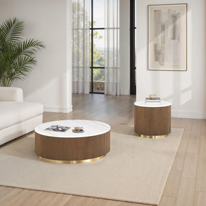 3 Piece Round Table Set With Marble Tops - Brown / Gold / White