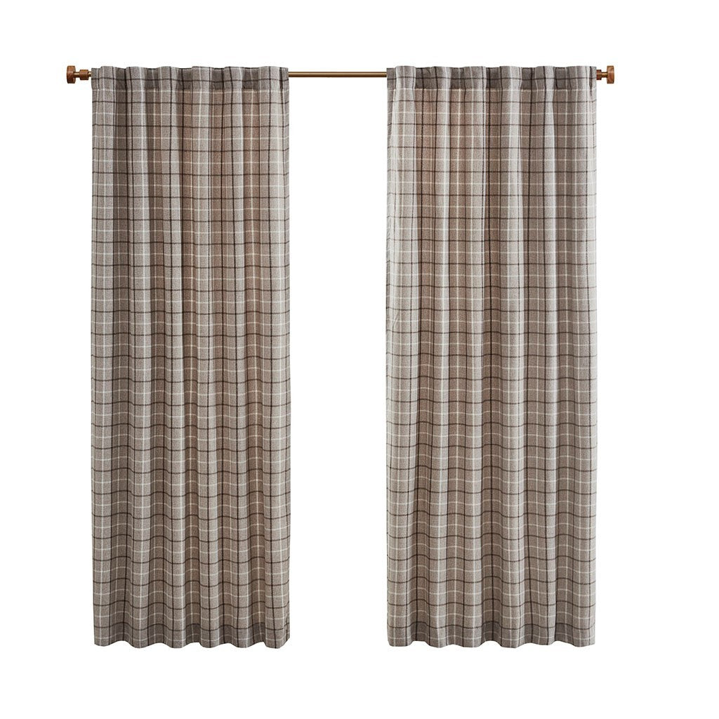 Plaid Rod Pocket and Back Tab Curtain Panel with Fleece Lining Brown 50x84