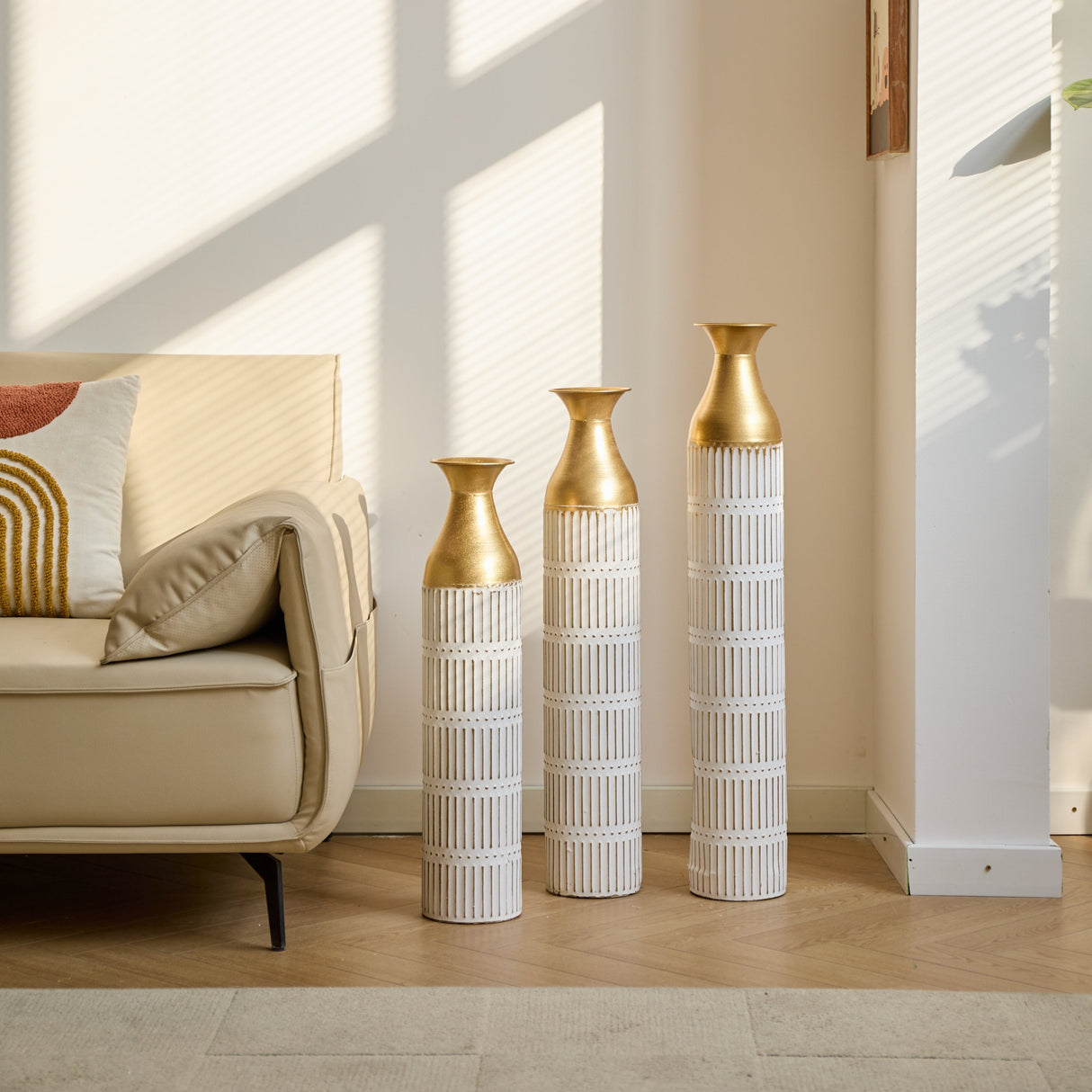 Floor Metal Vases Set of 3 - White with Gold Accents