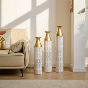 Floor Metal Vases Set of 3 - White with Gold Accents