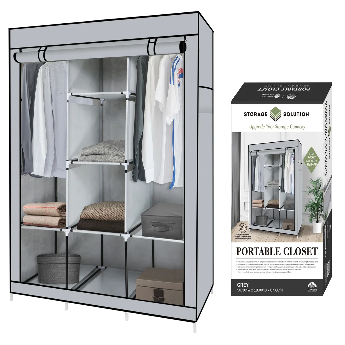 Portable Free Standing Closet with 8 Storage Shelves, 2 Hanging Rod & 4 Pockets