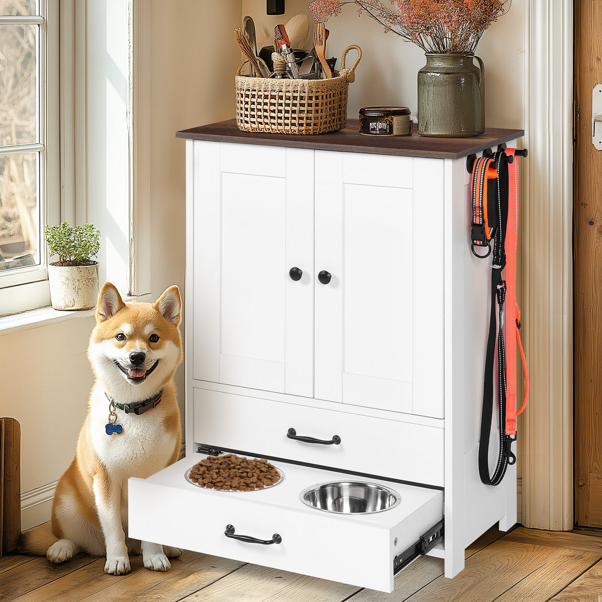Dog feeding station, double door locker with 2 adjustable dog bowls, white
