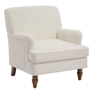 Vintage Upholstered Linen Fabric Armchair with Antique Solid Wood Legs