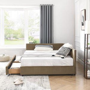 Mid-Century Storage Upholstered Tufted Bed Frame With Backrest And Armrests