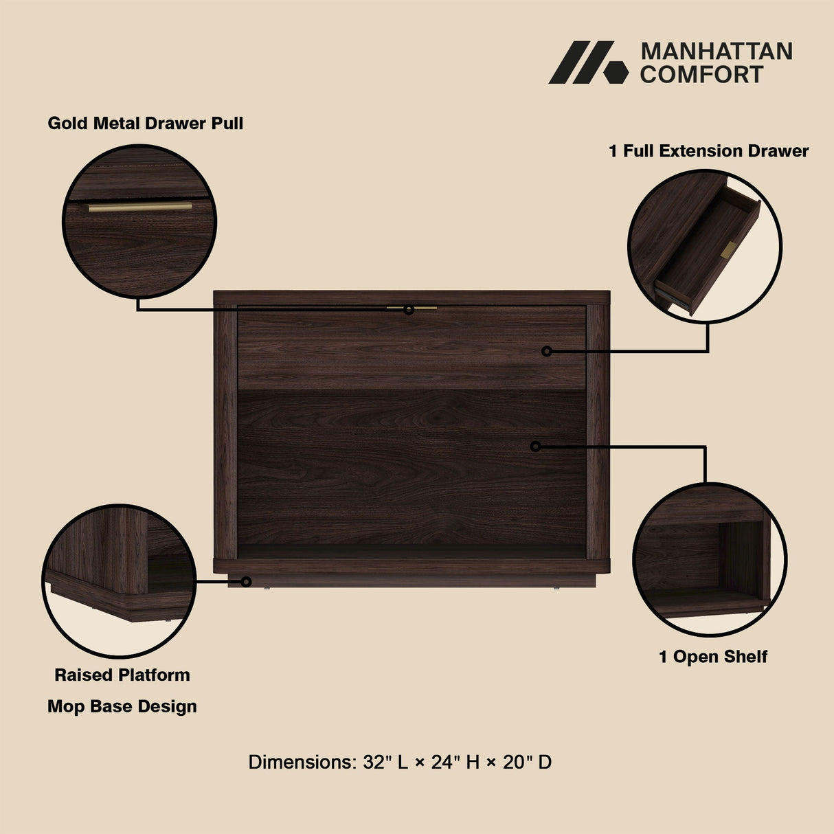 Evelyn - Nightstand With 1 Drawer And Open Shelf