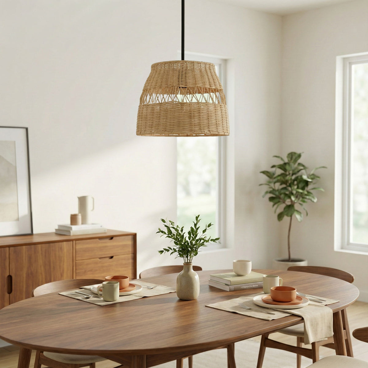 Essence - Single Lights Pendant With Shade - Black / Rattan
