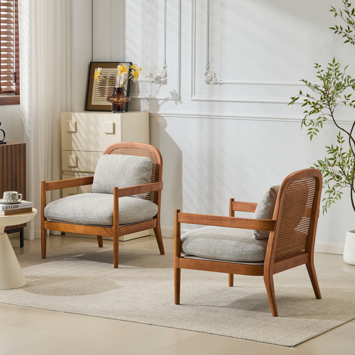 Elliston Rattan Backrest Solid Wood Accent Chair with Cushions, Set of 2
