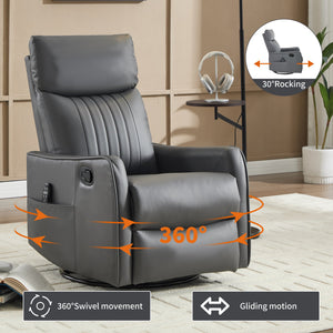 Grey Faux Leather Heat Massage Manual Recliner Chair with Rocker and Swivel