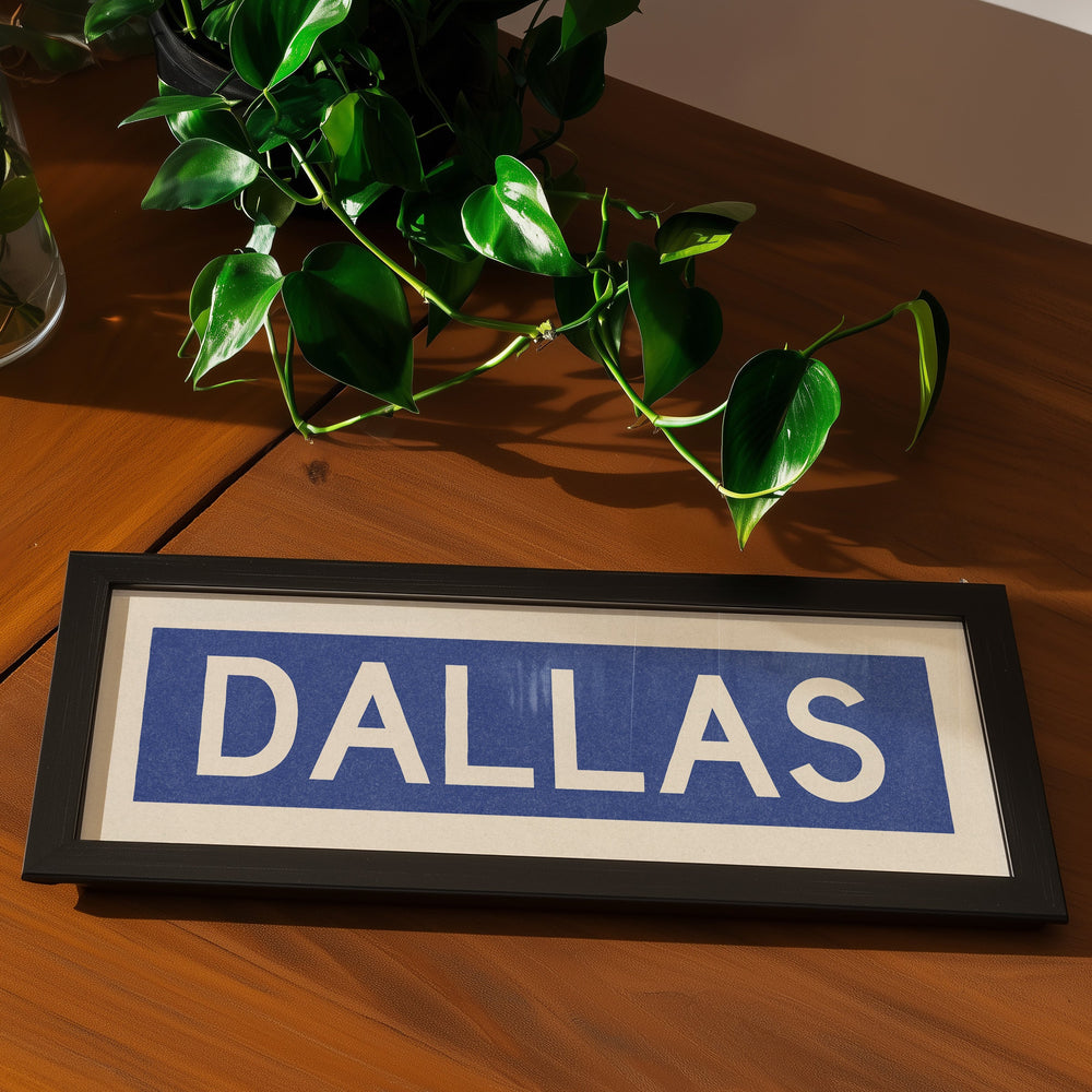 Framed Dallas Blue and White Bus Scroll