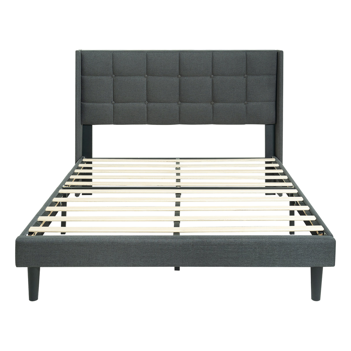 Modern Queen Size Upholstered Platform Bed Frame with Button Tufted Linen Fabric Headboard, Dark Grey