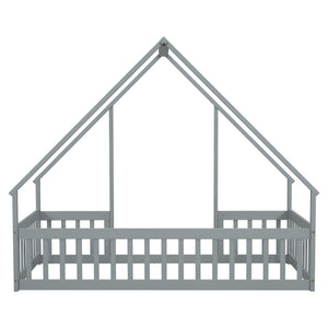 Wood House-Shaped Floor Bed With Fence, Guardrails