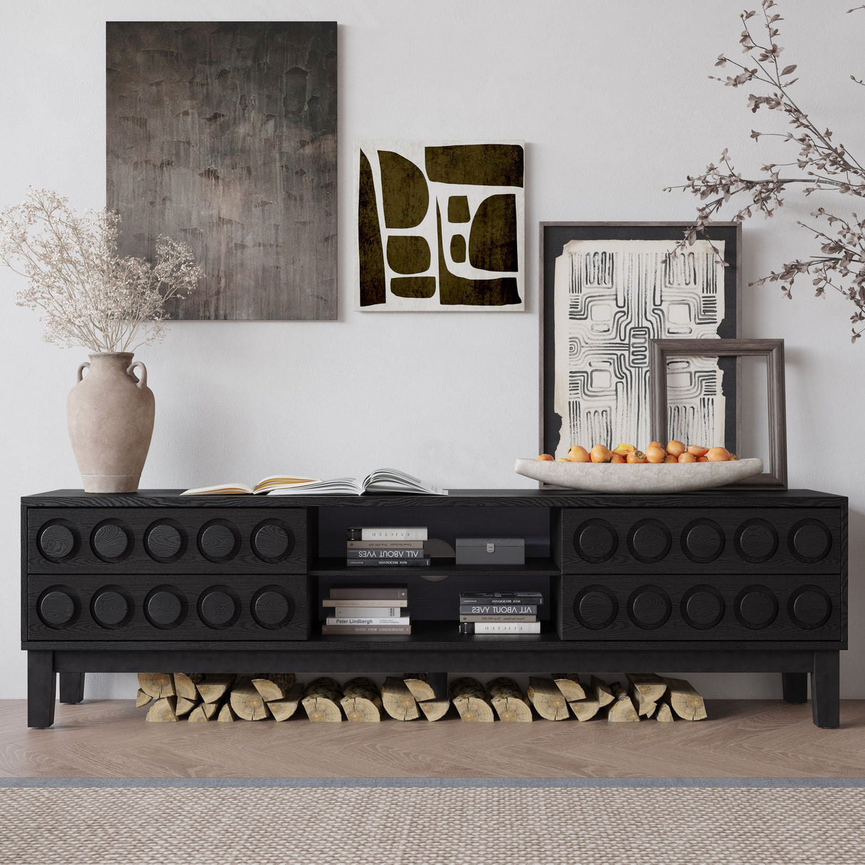 Media Console With 4 Drawers And Cable Management