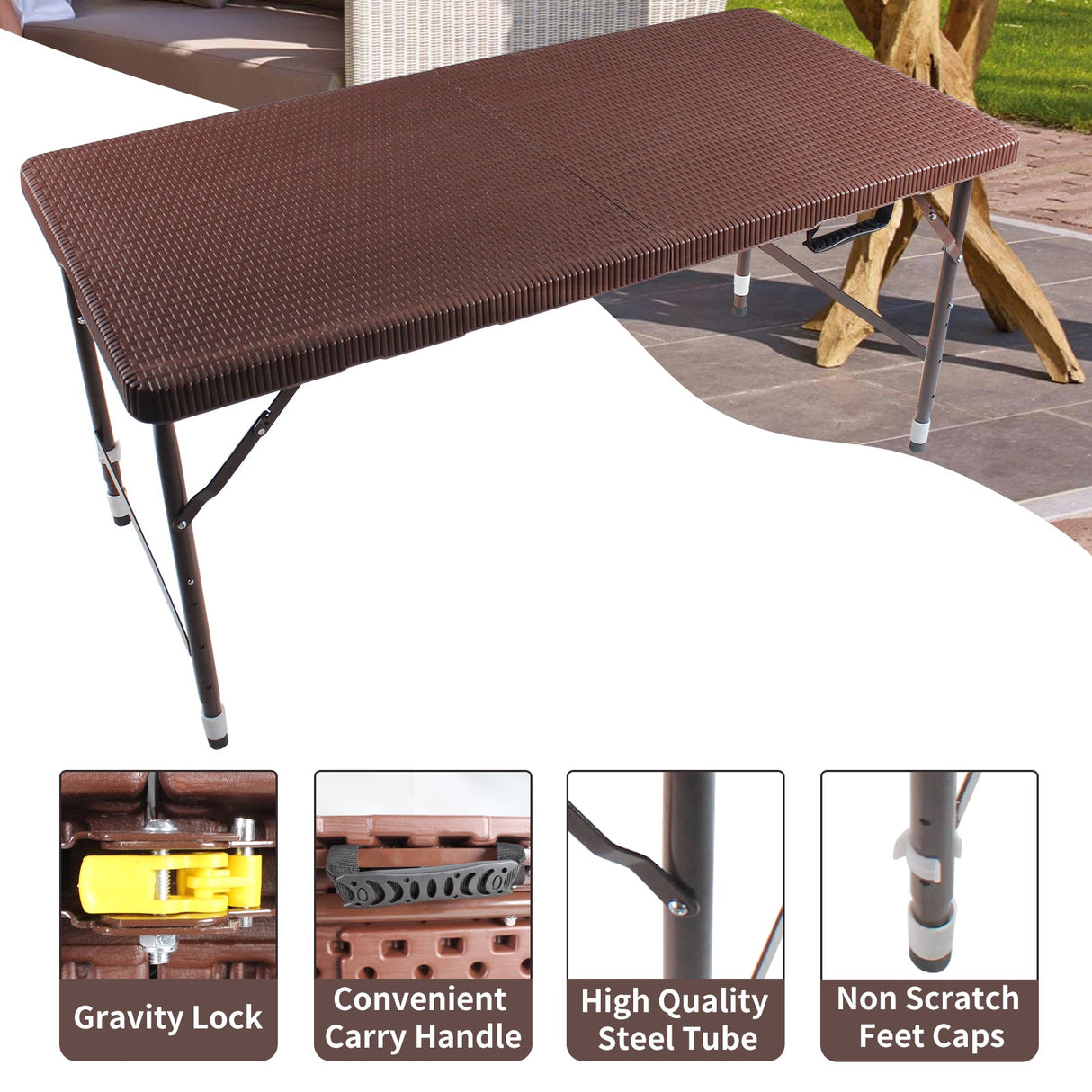 4ft Rattan Folding Table for Indoor and Outdoor Use