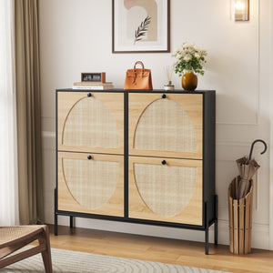 Space-Saving Rattan Shoe Cabinet with 4 Flip-Down Doors