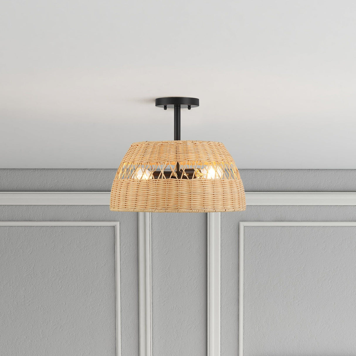 Twinkle - Double Lights Semi Flush With Shade - Black / Rattan