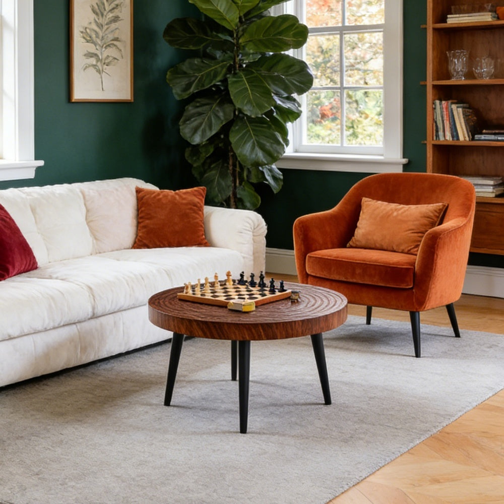 Modern Round Coffee Table - Walnut Pattern MDF And Black Metal Legs