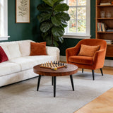 Modern Round Coffee Table - Walnut Pattern MDF And Black Metal Legs