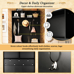 Entryway Bench With Coat Rack, 3 In 1 Design And Adjustable Shelves