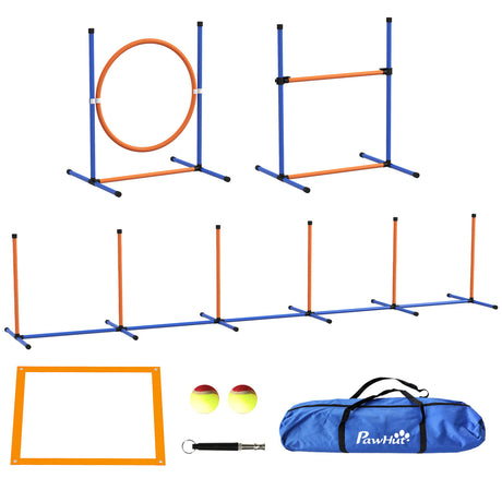 PawHut-4-Pieces-Dog-Agility-Training-Equipment,-Dog-Obstacle-Course-Starter-Kit,-Pet-Outdoor-Games-with-Weave-Poles,-Adjustable-Hurdle-Jumping-Ring,-Pause-Box,-Whistle,-Toy-Balls-for-Backyard,-Orange-Pet-Supplies
