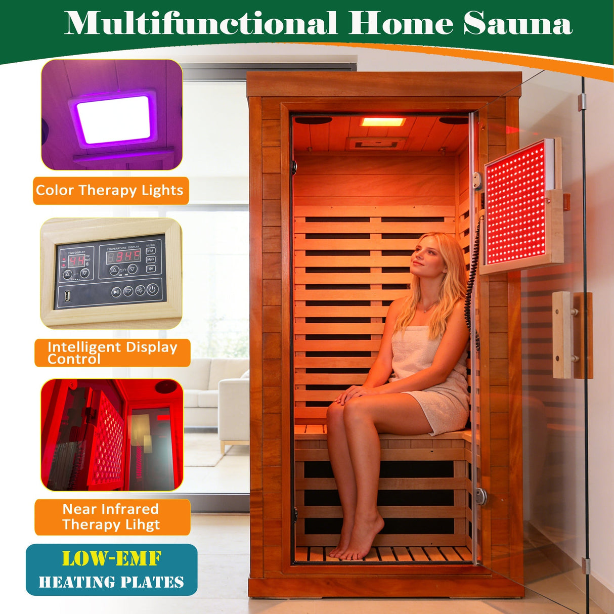Far infrared sauna front door with red light therapy Low EMFwooden sauna room