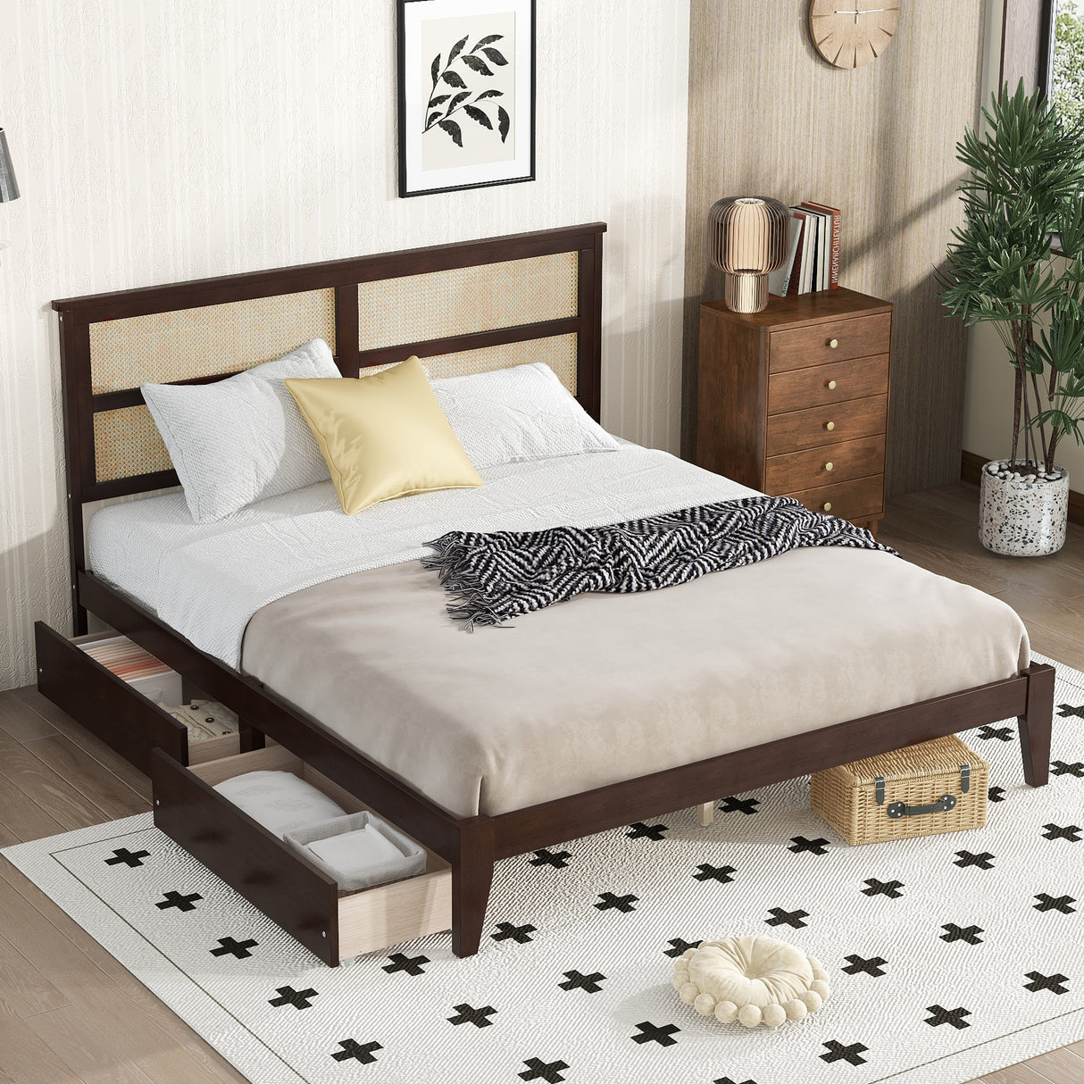 King Size Bed with Rattan Headboard, Two Storage Drawers, Rubber Wood Bed with Enhanced  Support Salts and Feet,Espresso