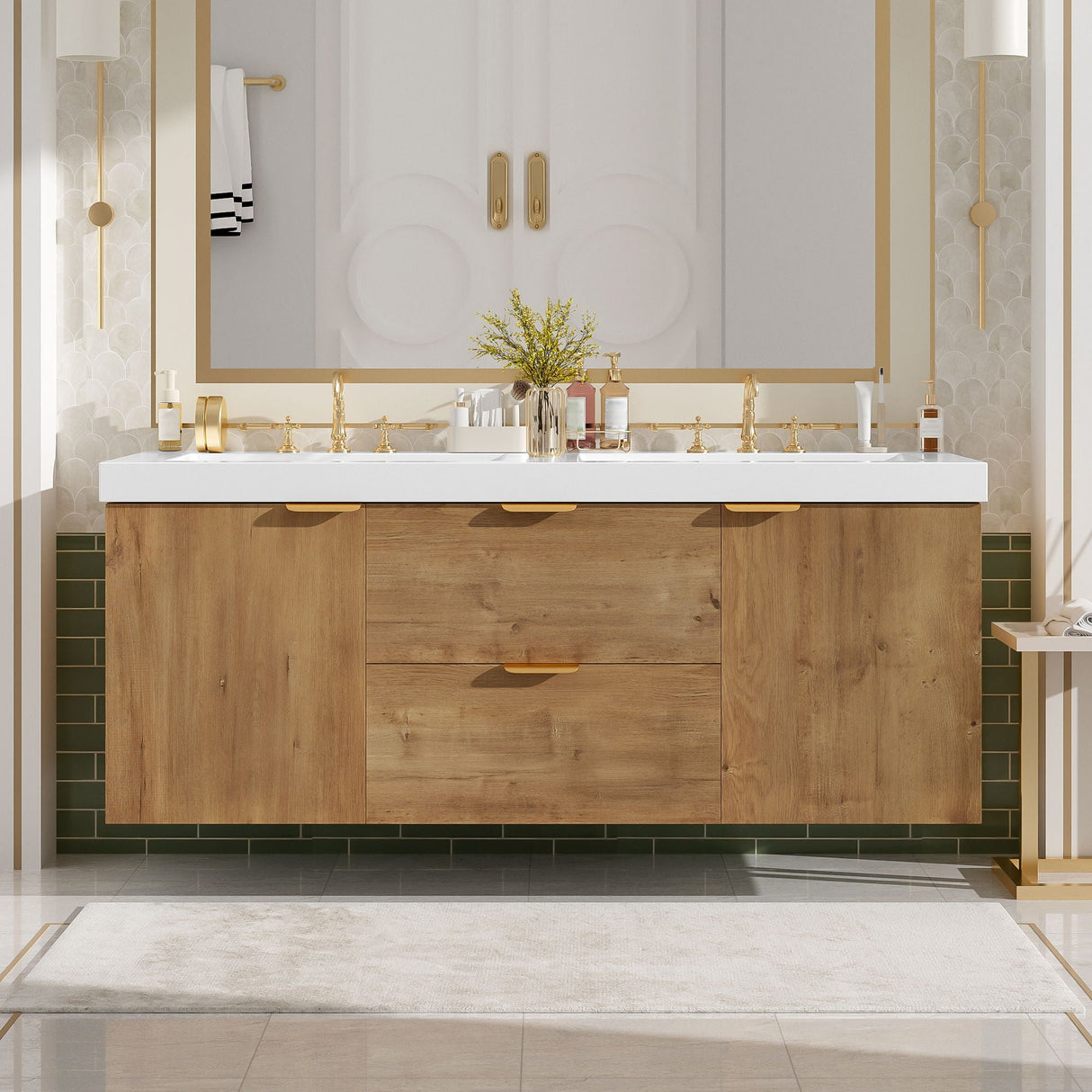 Double Sink Bathroom Vanity Soft Close Doors, Divided Drawers, Wall Mounted - Wood