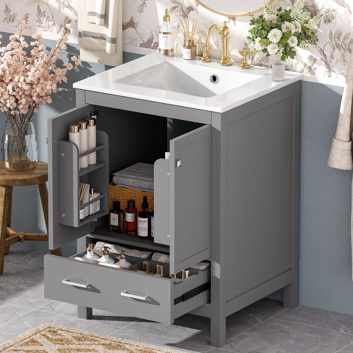 Bathroom Vanity With Integrated Undermount Ceramic Sink, 2 Doors And 1 Drawer, Soft Close Hinges