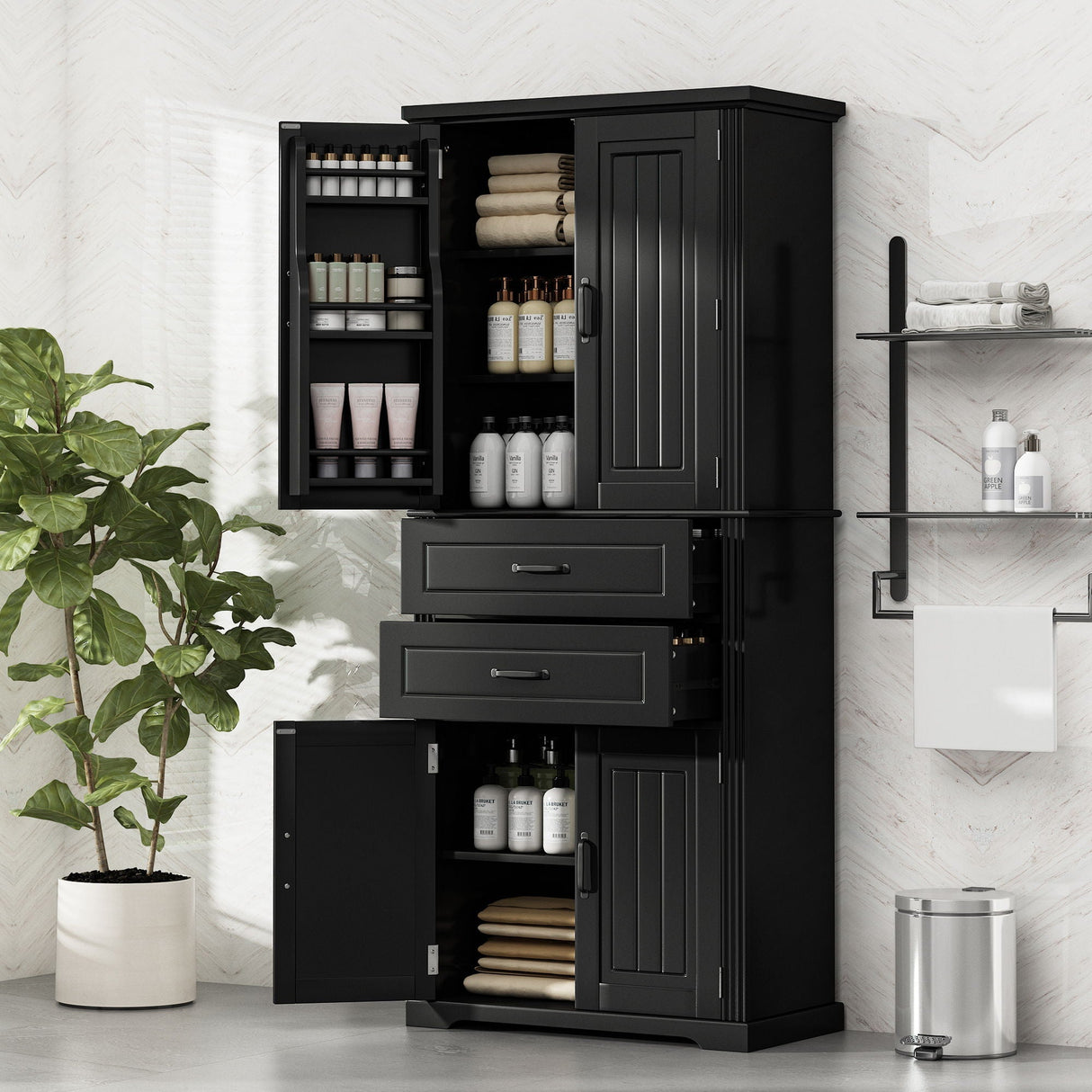 Multi Functional Storage Cabinet With Adjustable Shelves, 2 Drawers, Door Shelves