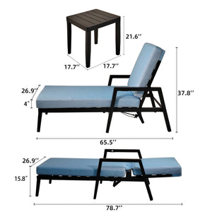 3PC Outdoor Aluminum Patio Furniture Chaise Lounge Set, 2 Chaise & 1 End Table with Modern Tapered Feet, Pneumatic Adjustable Backrest for Effortless Reclining, Wheels, Sunbrella Cushion, Ember Black