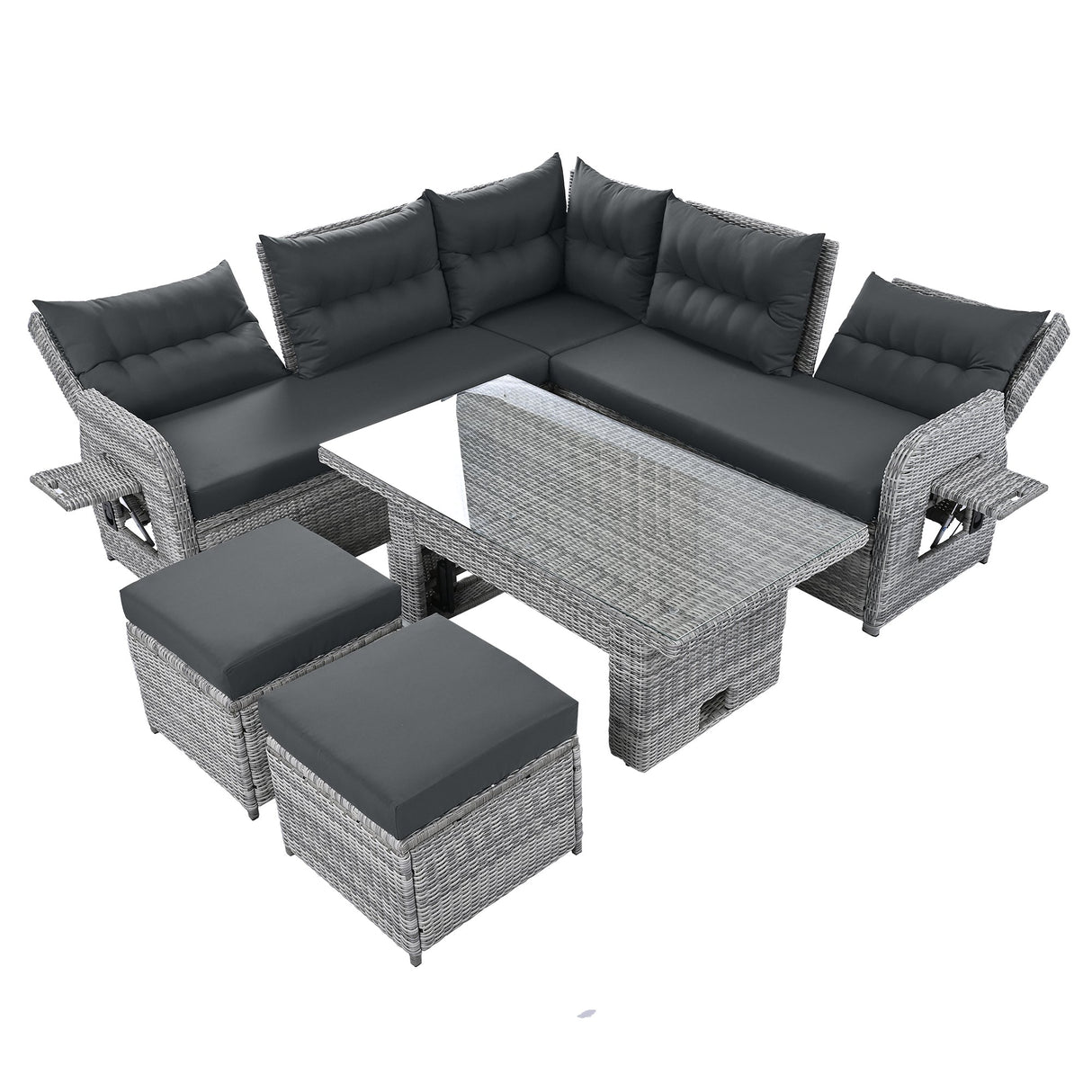 Outdoor Furniture Set Patio Rattan Furniture with Adjustable Table, Recliners, Side Tables, Ottomans