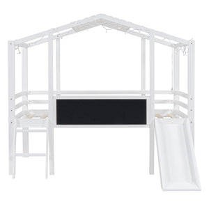 Loft House Bed With Ladder And Slide, With board And Light Strip On The Roof