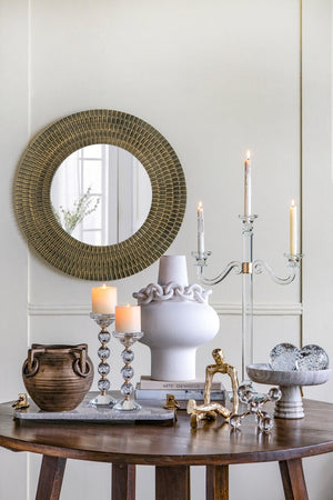Round Gold and Black Wooden Accent Mirror with Woven Texture - 29.5"