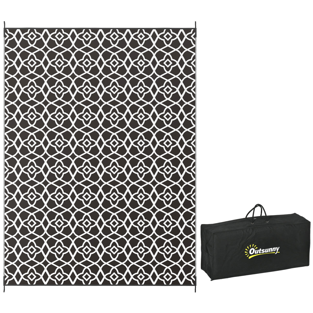 Reversible outdoor rug, 9' x 12' waterproof plastic straw floor mat,  black & white clover